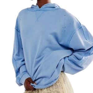 Free People Everyday Distressed Hoodie Oversized Blue Slouchy Cotton XS NWT
